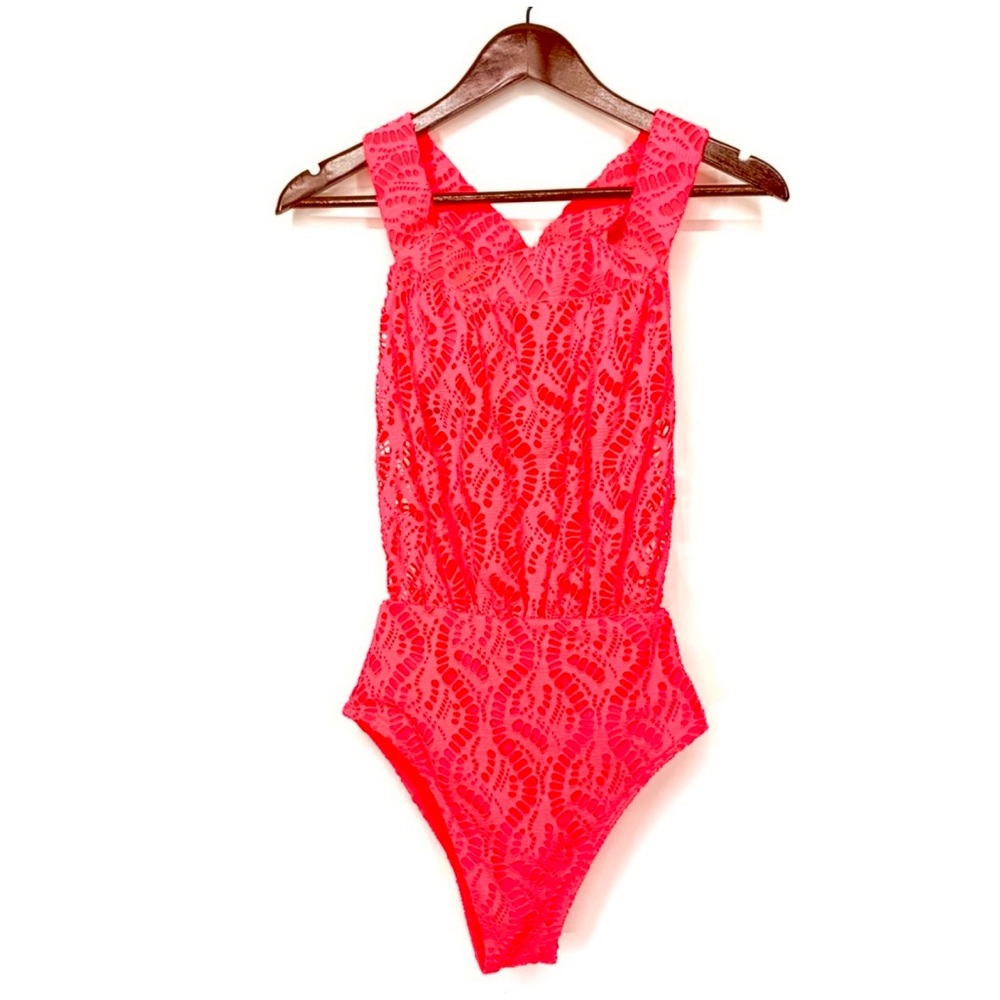Aerie Mesh Lace Laser Cut Neon Watermelon Red Hot Pink One Piece Swimsuit Nwot